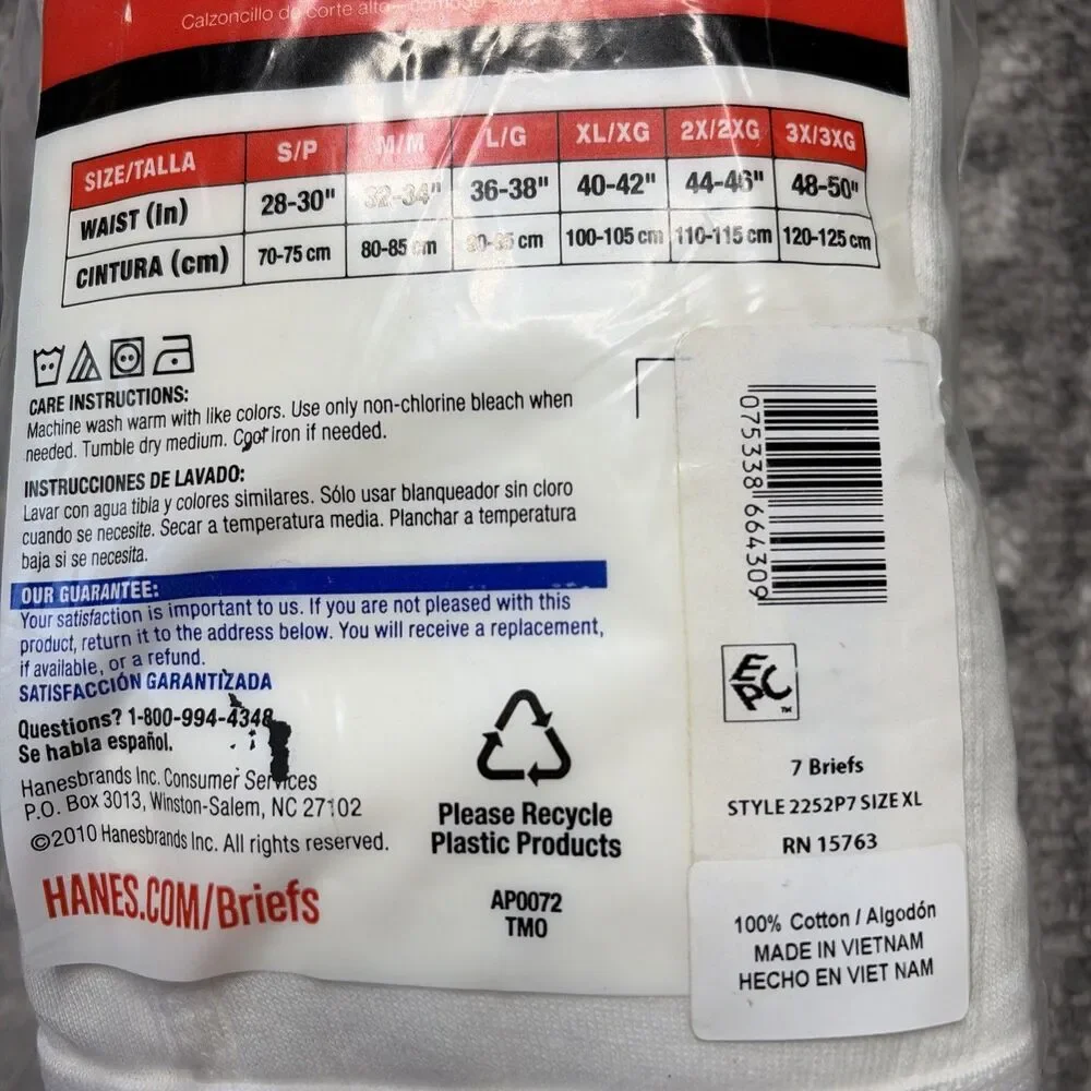 HANES 7 Pack Tagless Briefs NEW White Size XL 40